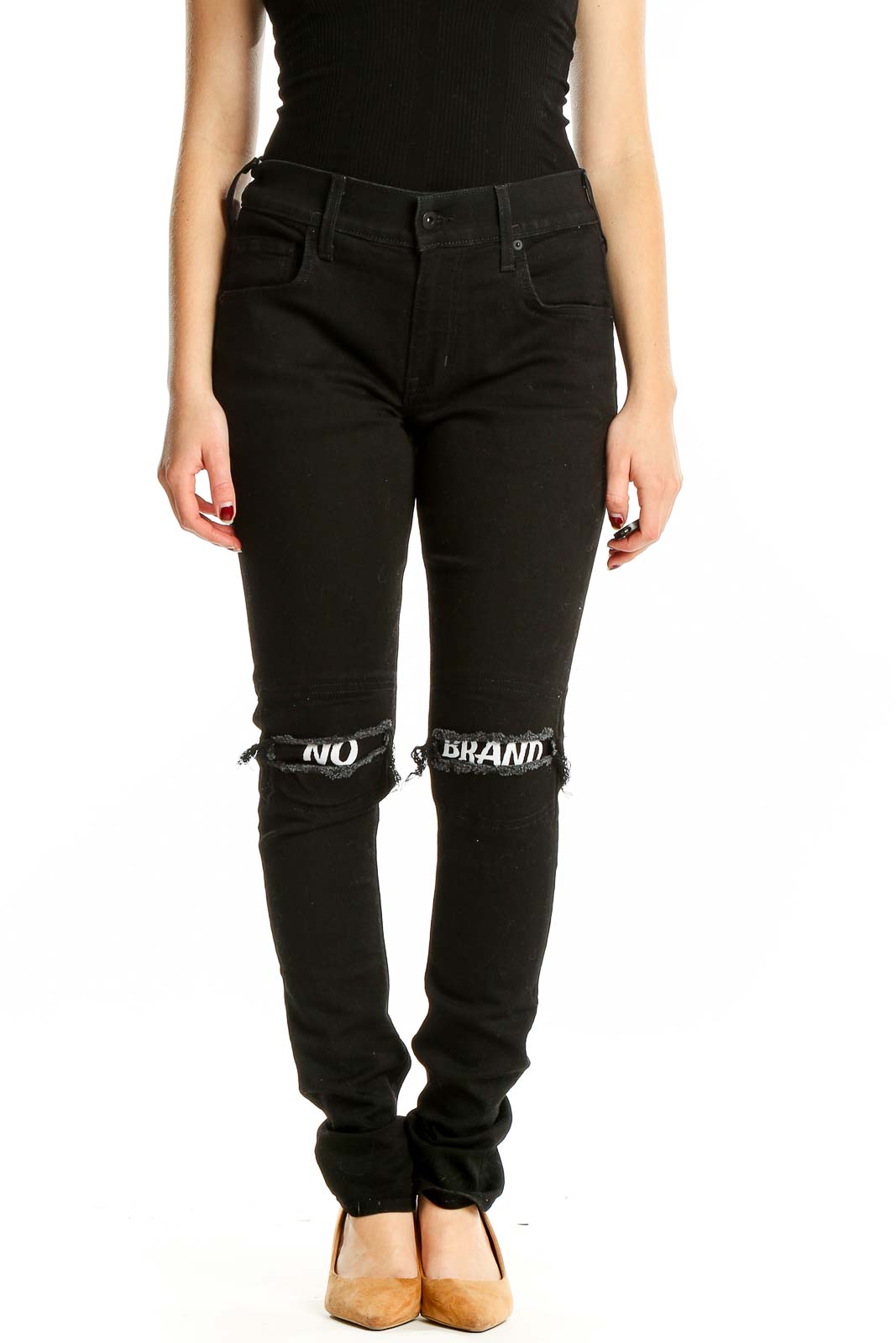 Front view of black distressed skinny jeans with 'NO BRAND' knee cutouts