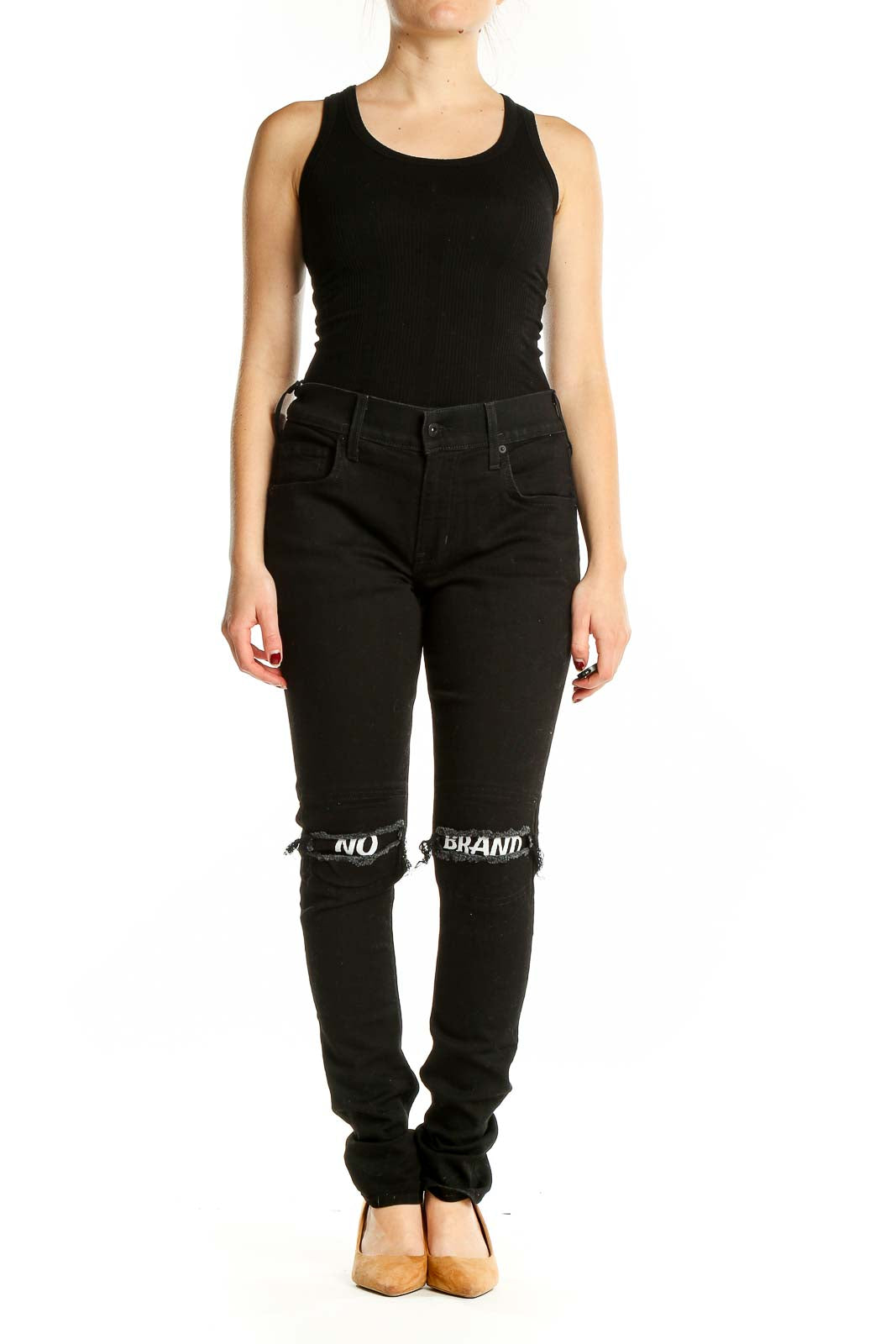 Front view of black distressed skinny jeans with 'NO BRAND' knee cutouts