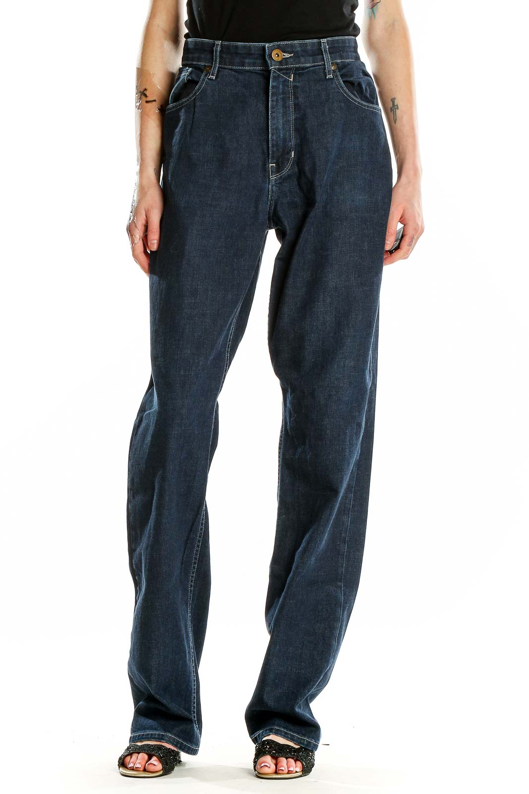 Front view of Paige dark blue wide-leg jeans on model