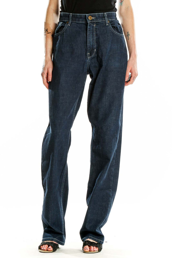 Front view of Paige dark blue wide-leg jeans on model