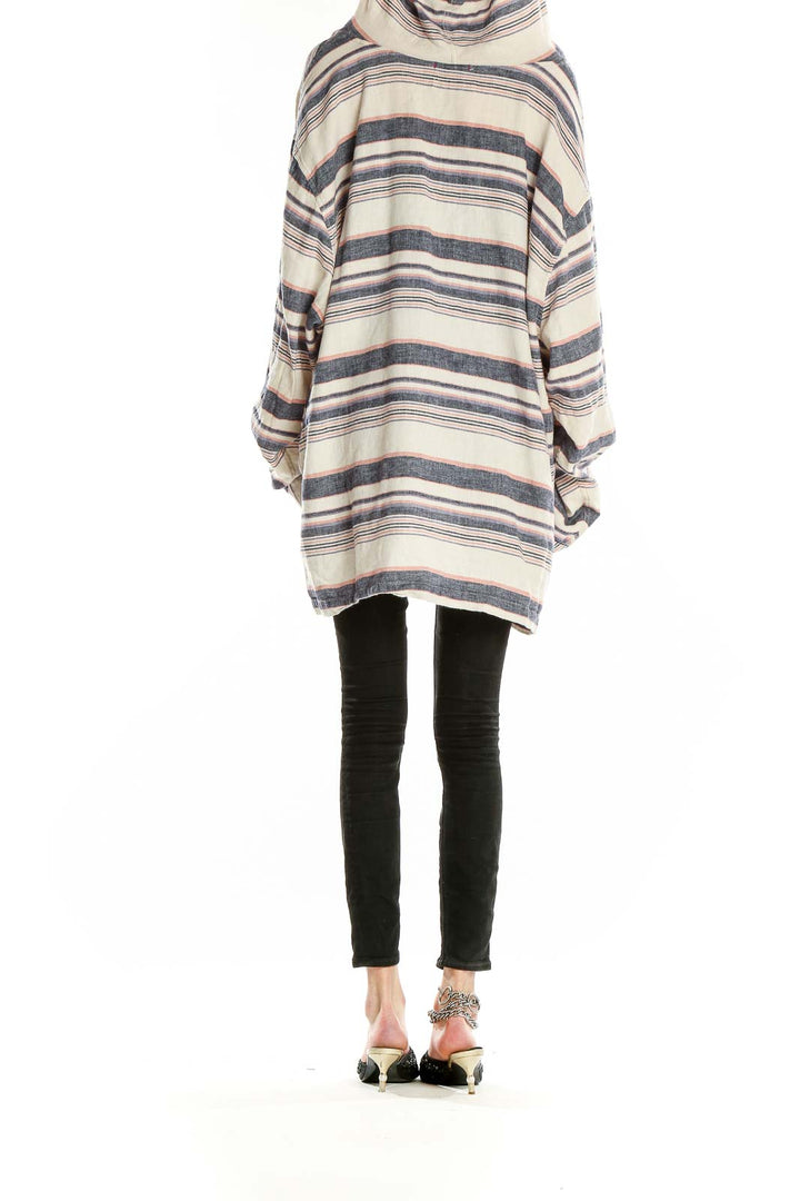 Back view of Tommy Bahama beige striped oversized hooded knit tunic with hood visible