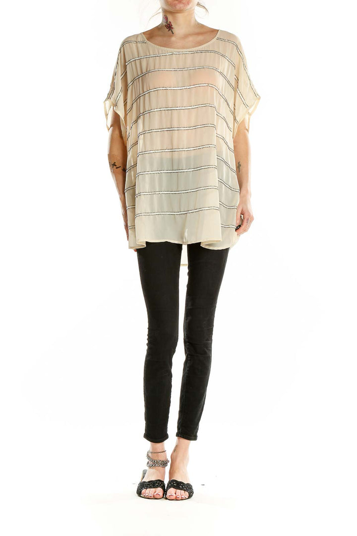 Front view of Lane Bryant beige striped oversized tunic top with metallic accents