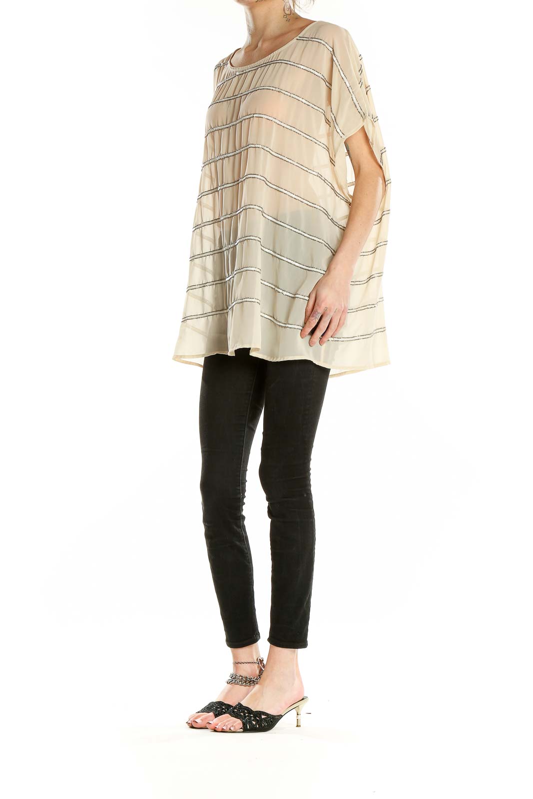 Front view of Lane Bryant beige striped oversized tunic top with metallic accents