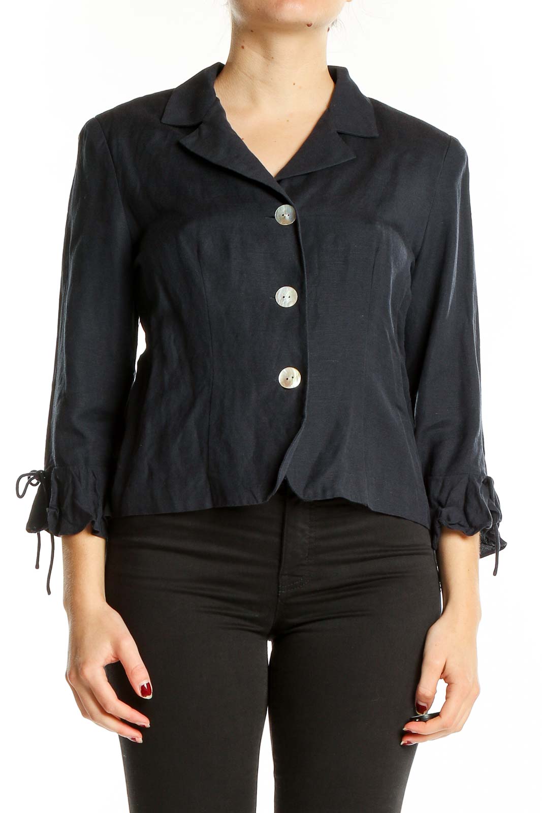 Front view of Jessica Howard black cropped jacket with 3/4 sleeves