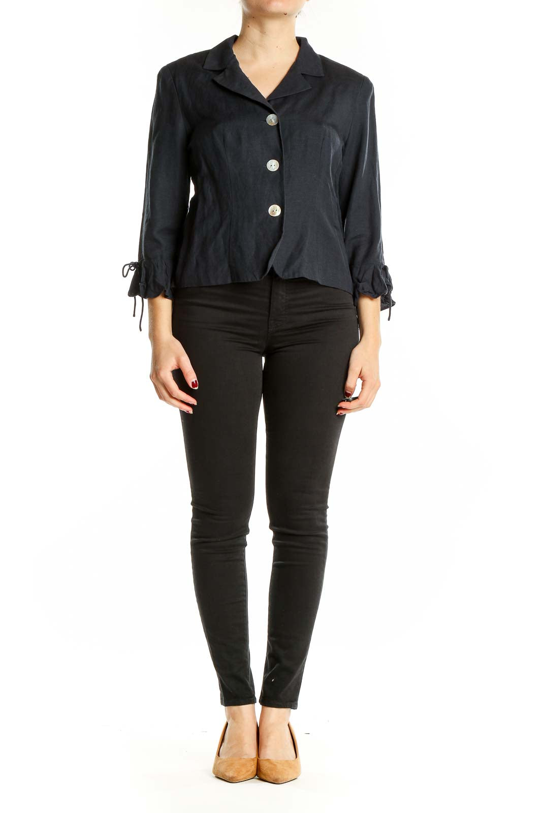 Front view of Jessica Howard black cropped jacket with 3/4 sleeves