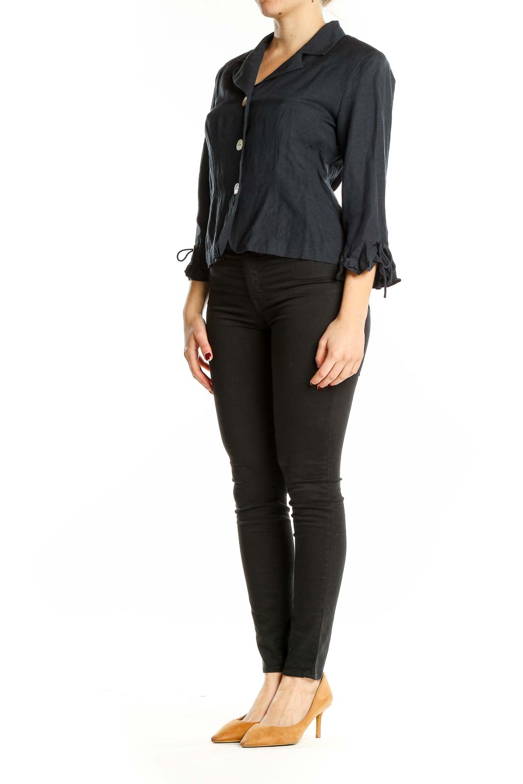Front view of Jessica Howard black cropped jacket with 3/4 sleeves