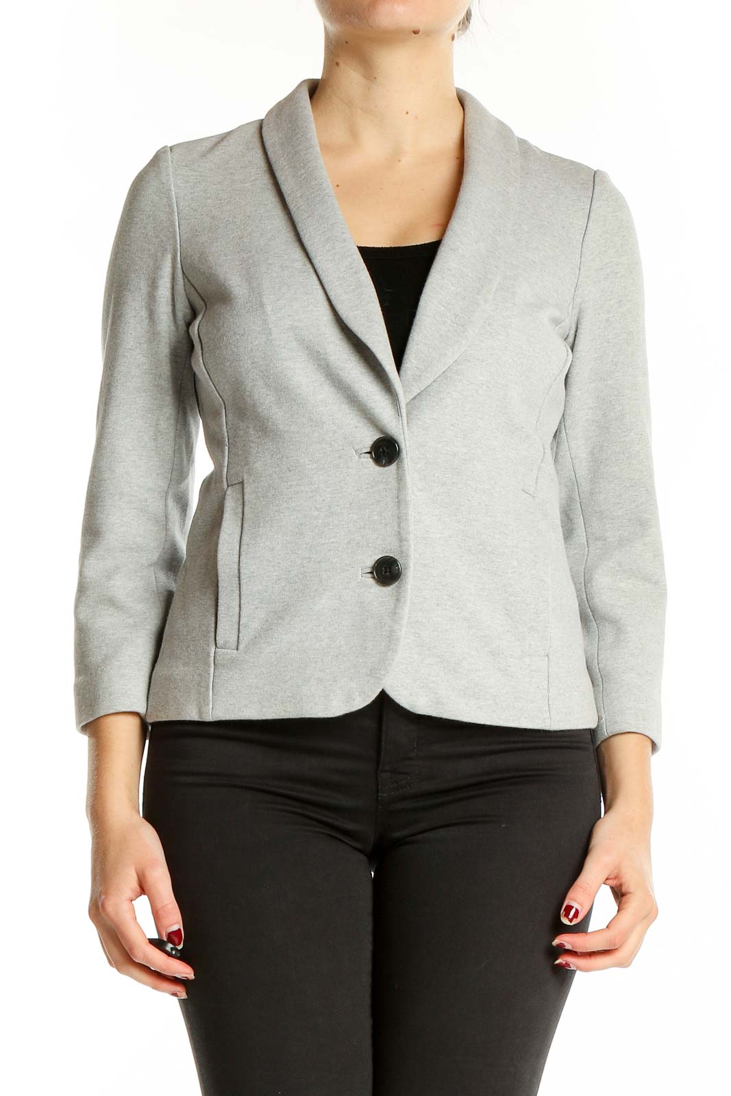 Front view of gray Gap blazer with shawl collar and two-button closure