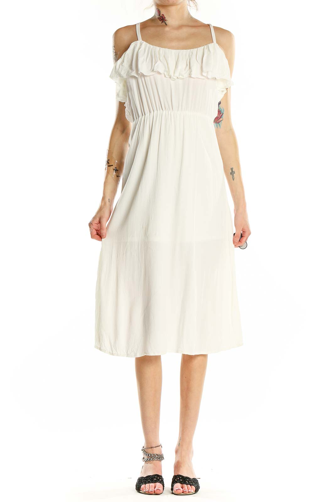Front view of white Leith midi sundress with ruffled neckline and spaghetti straps