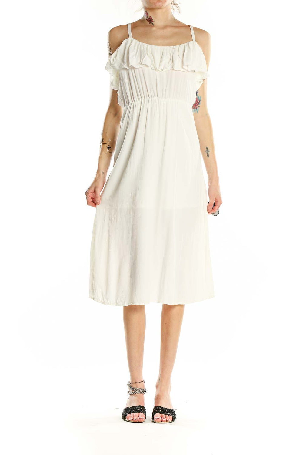 Front view of white Leith midi sundress with ruffled neckline and spaghetti straps