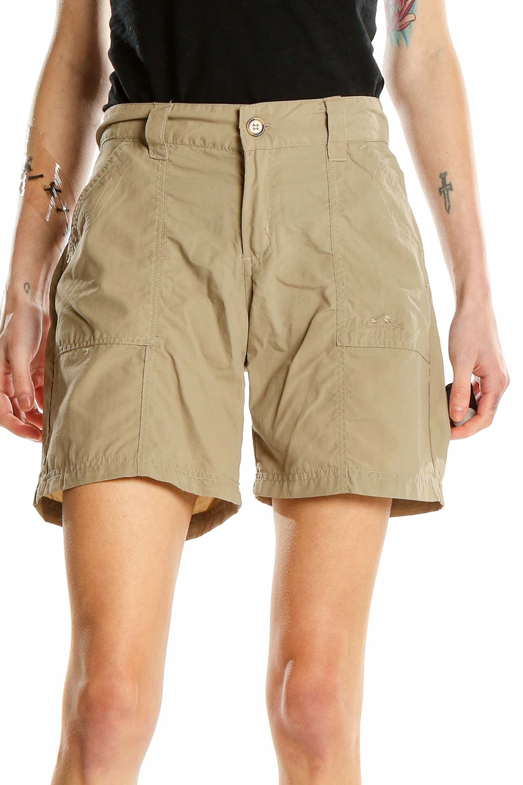 Front view of khaki nylon cargo shorts with multiple pockets