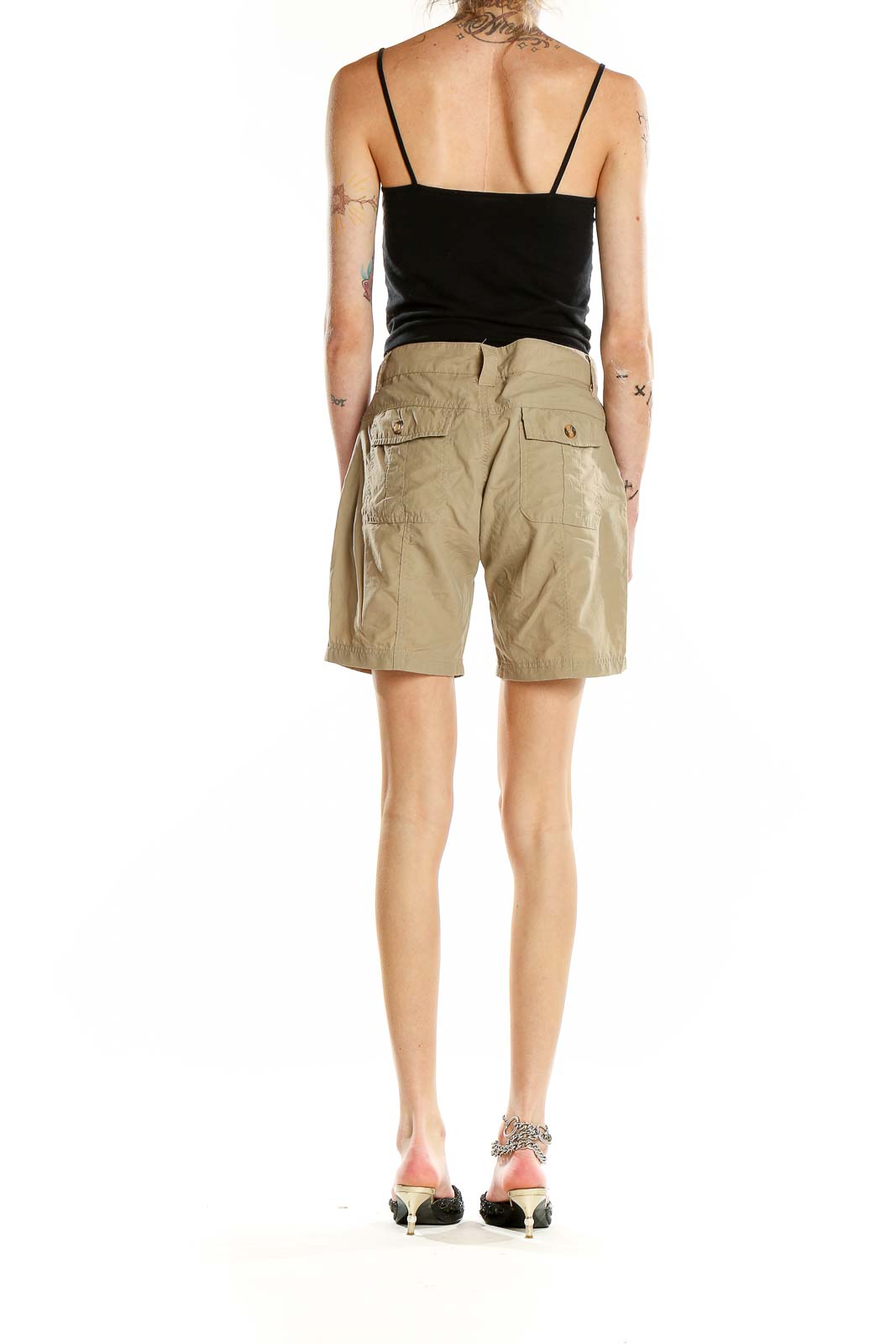 Back view of khaki nylon cargo shorts showing rear pockets
