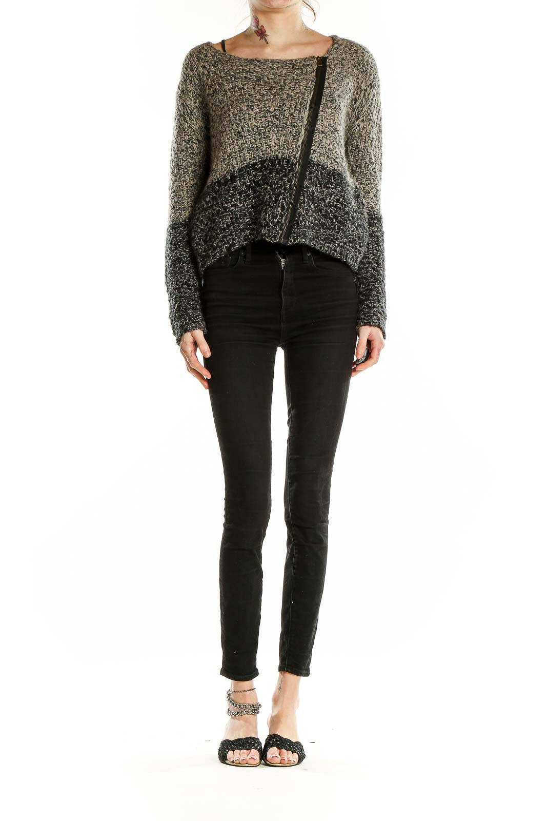 Front view of Sugar + Lips gray ombre sweater with asymmetric zip