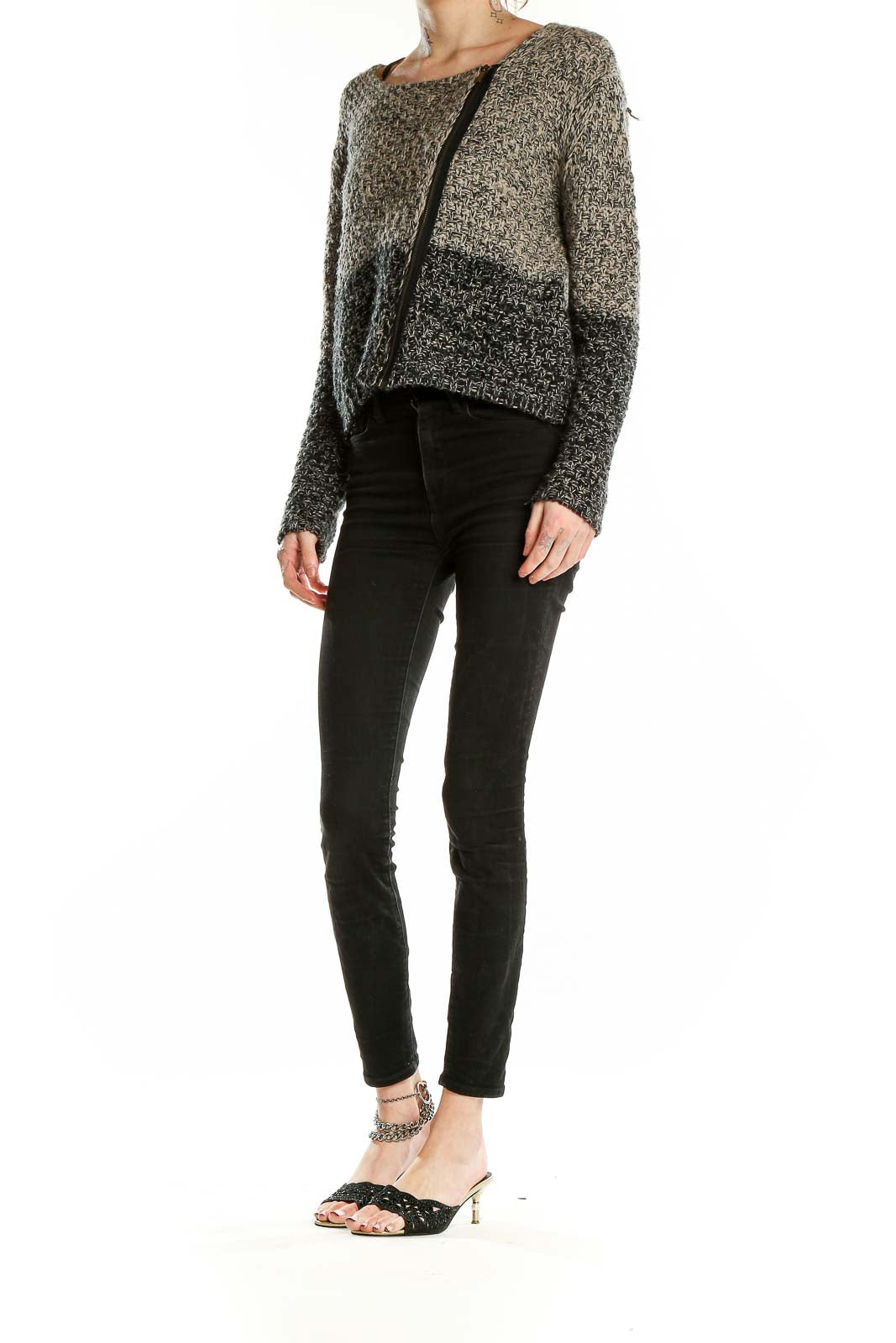 Front view of Sugar + Lips gray ombre sweater with asymmetric zip