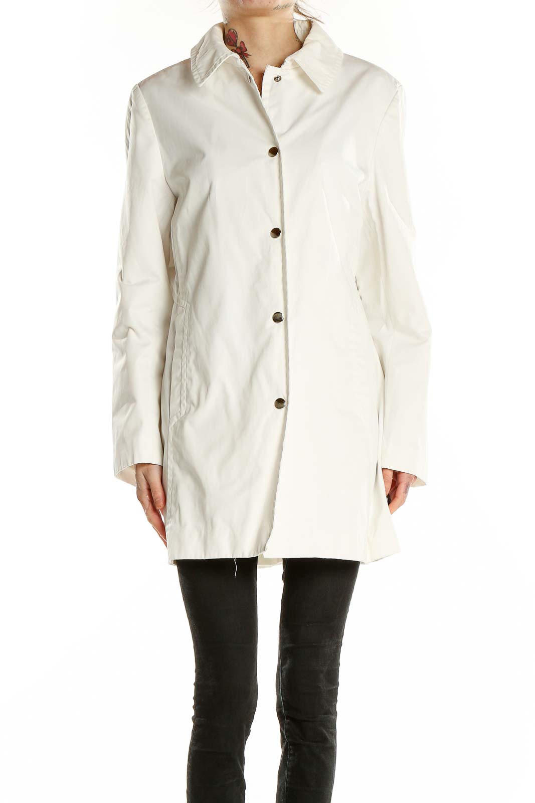 Front view of Anne Klein white button-up long coat