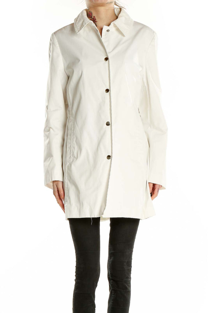 Front view of Anne Klein white button-up long coat