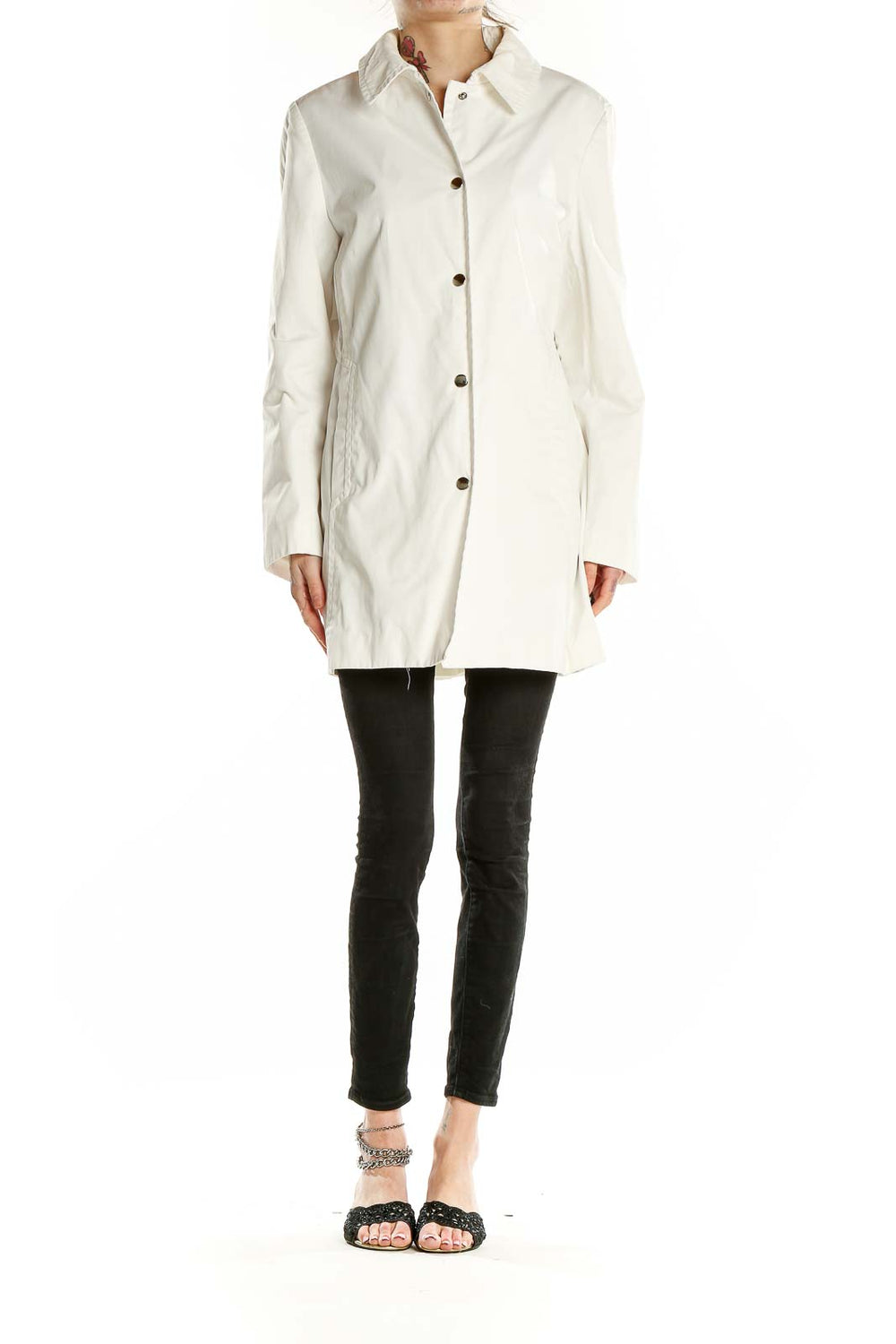 Front view of Anne Klein white button-up long coat