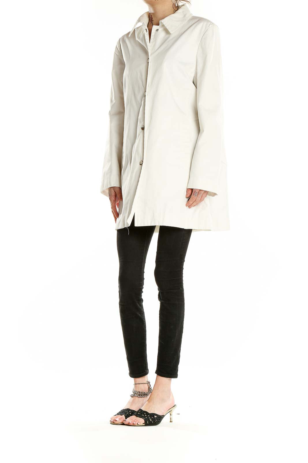 Front view of Anne Klein white button-up long coat