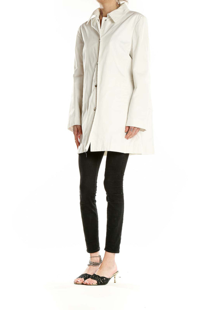 Front view of Anne Klein white button-up long coat