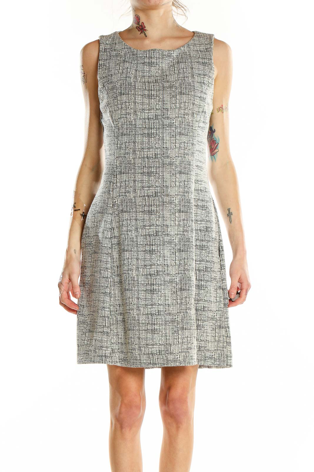 Front view of Tahari gray textured sleeveless sheath dress
