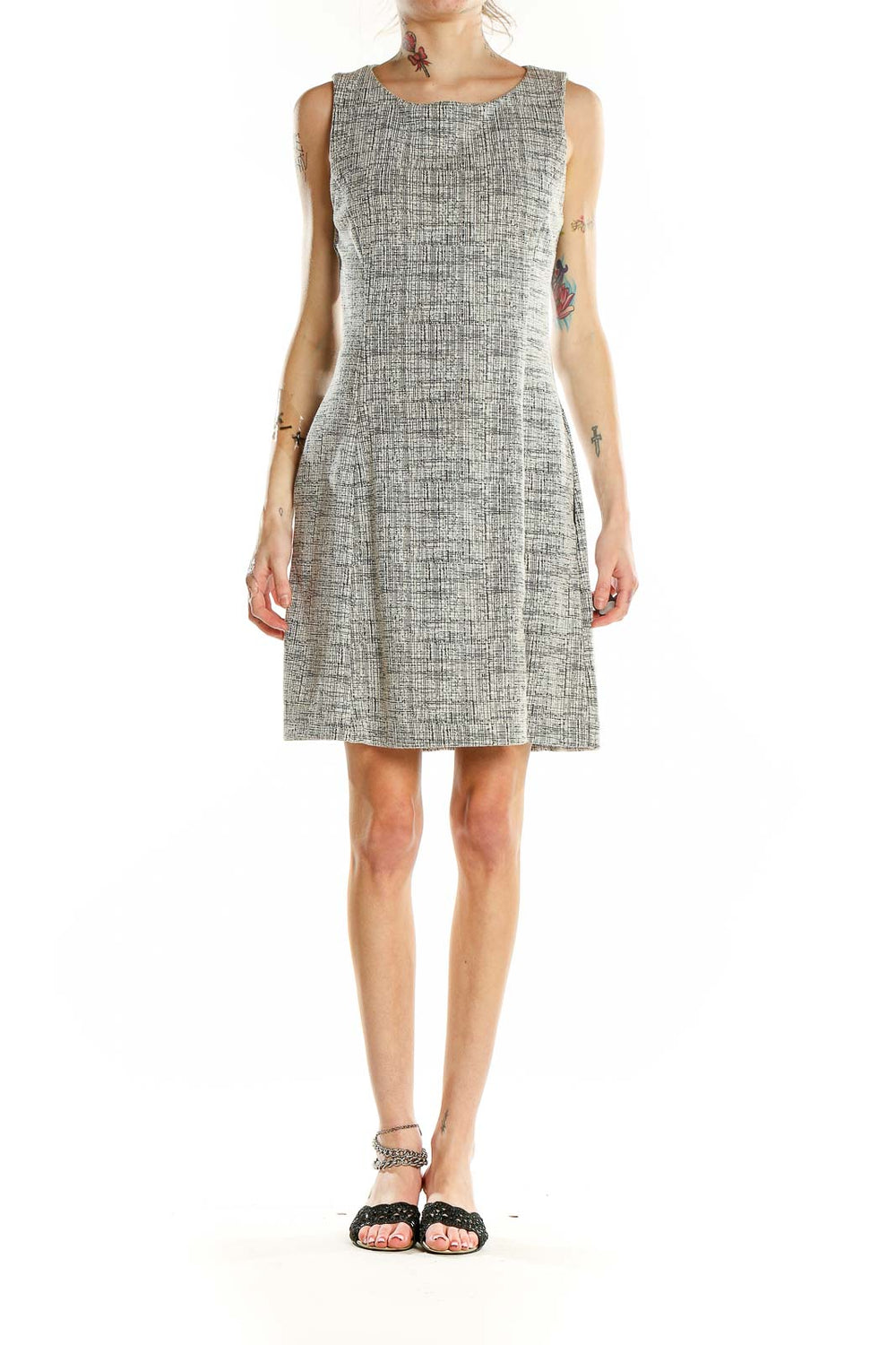Front view of Tahari gray textured sleeveless sheath dress
