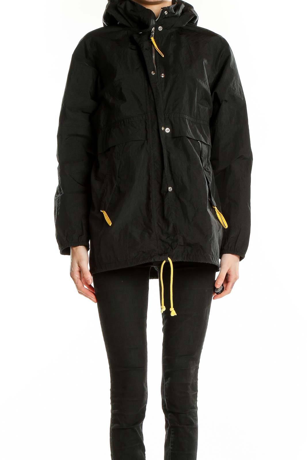 Front view of black Topshop hooded jacket with yellow zipper pulls