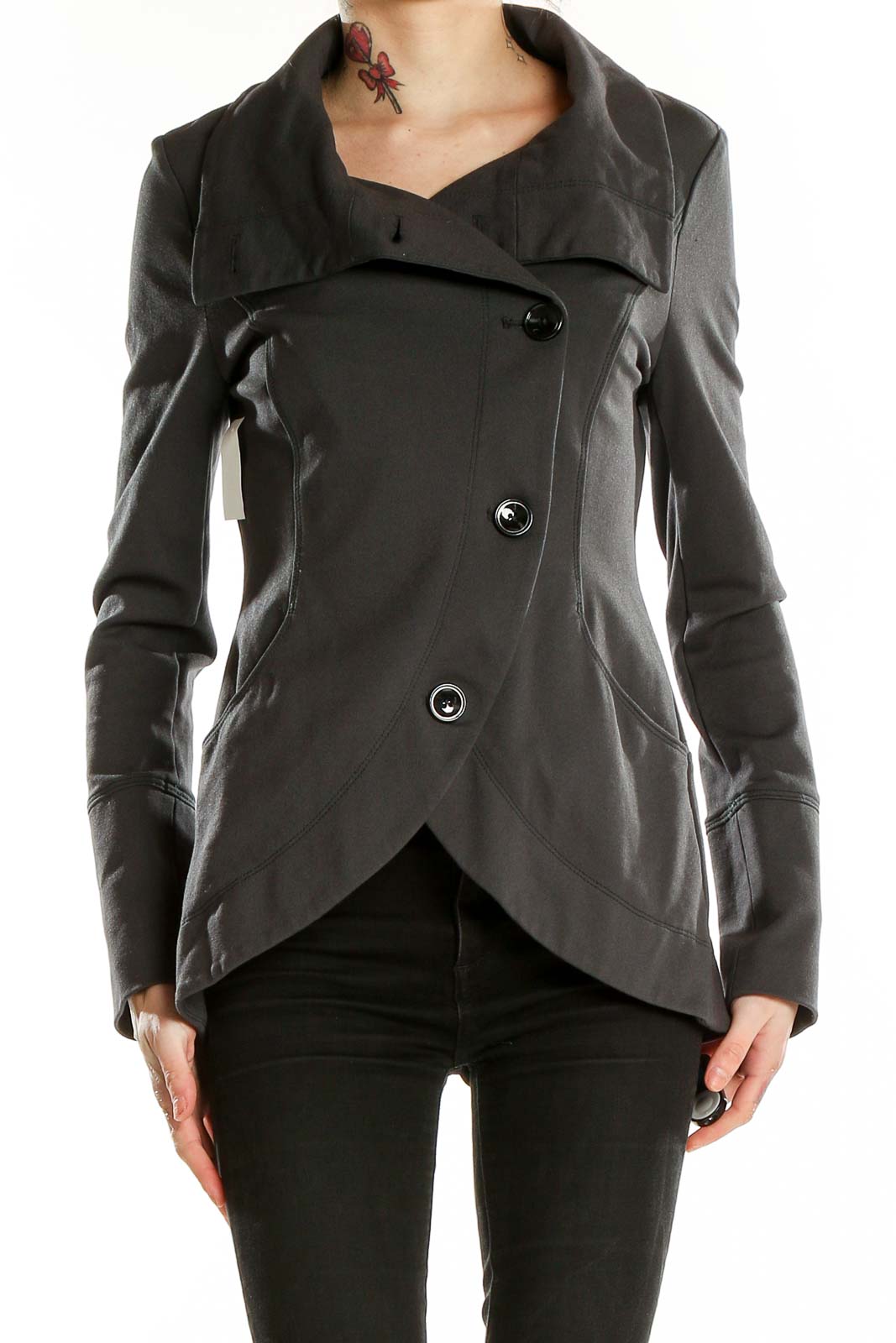 Front view of Gray Asymmetrical Button-Front Coat from White House Black Market