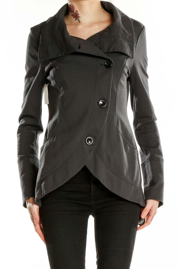Front view of Gray Asymmetrical Button-Front Coat from White House Black Market