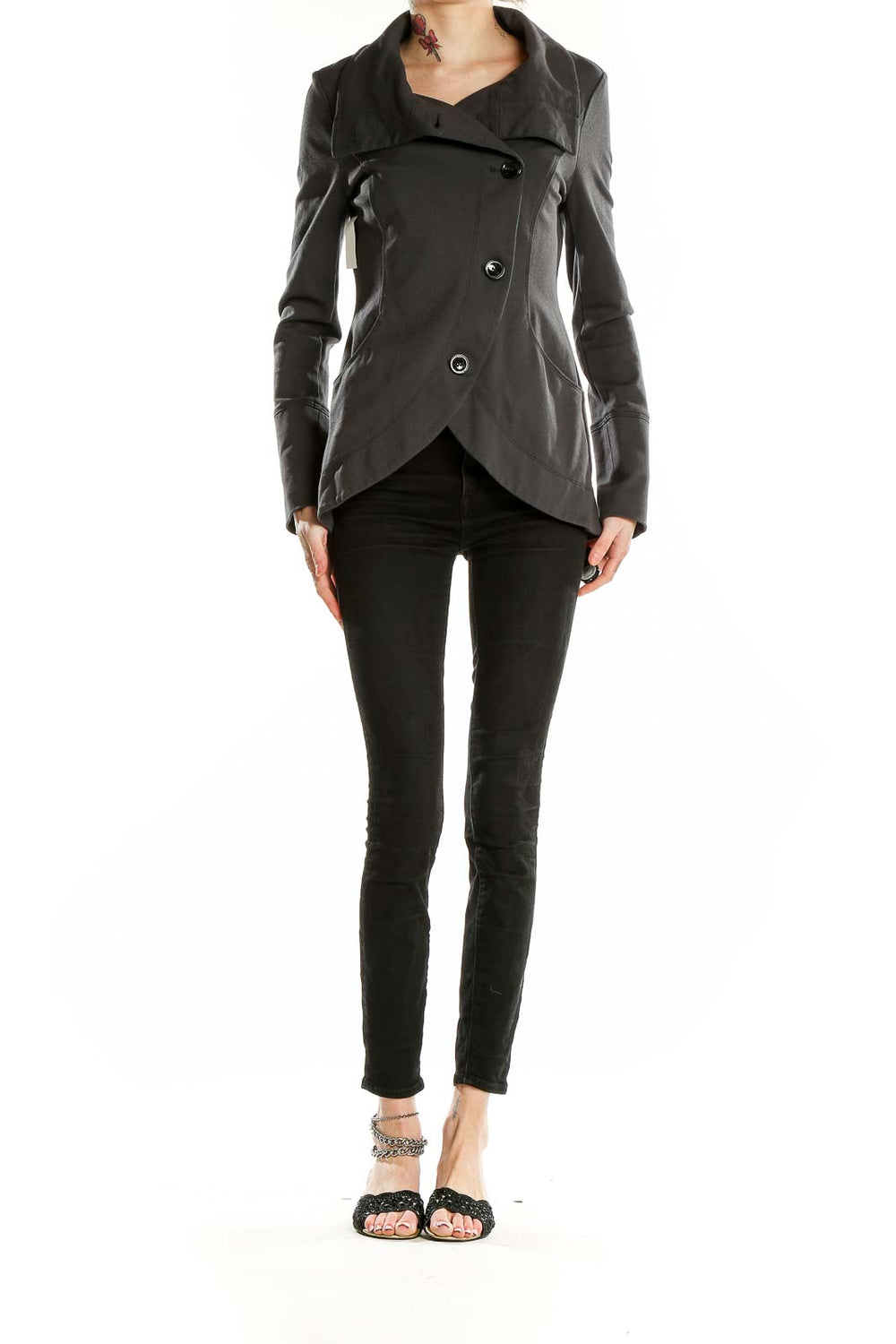 Front view of Gray Asymmetrical Button-Front Coat from White House Black Market
