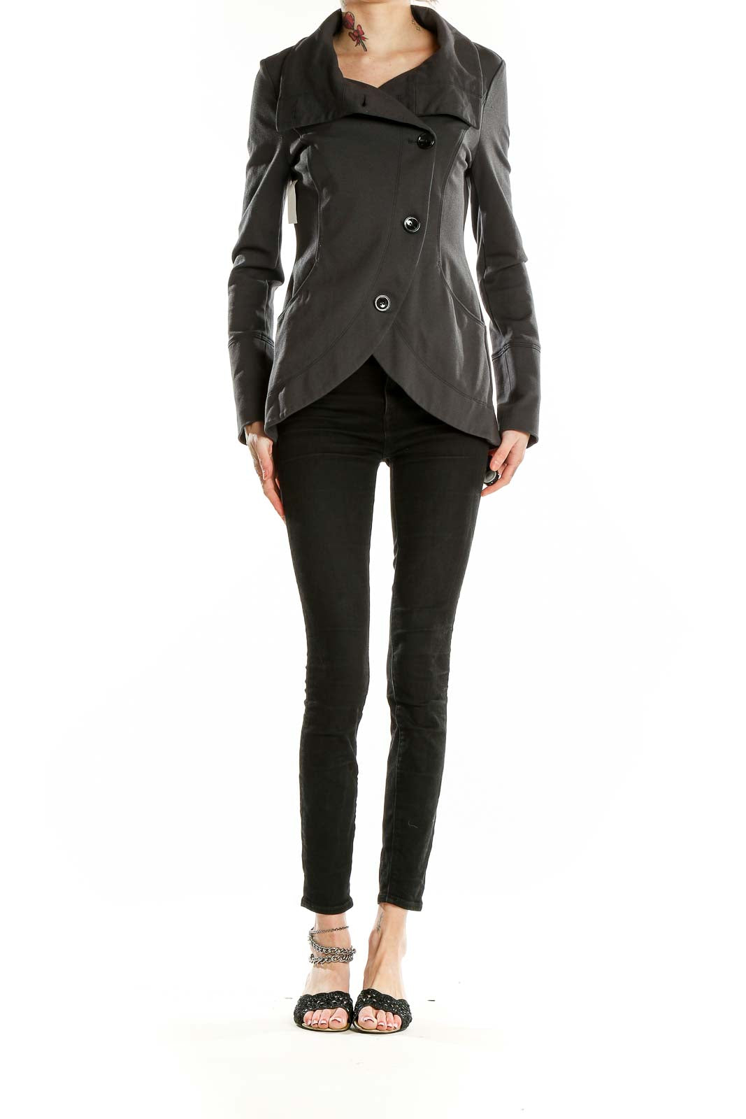 Front view of Gray Asymmetrical Button-Front Coat from White House Black Market