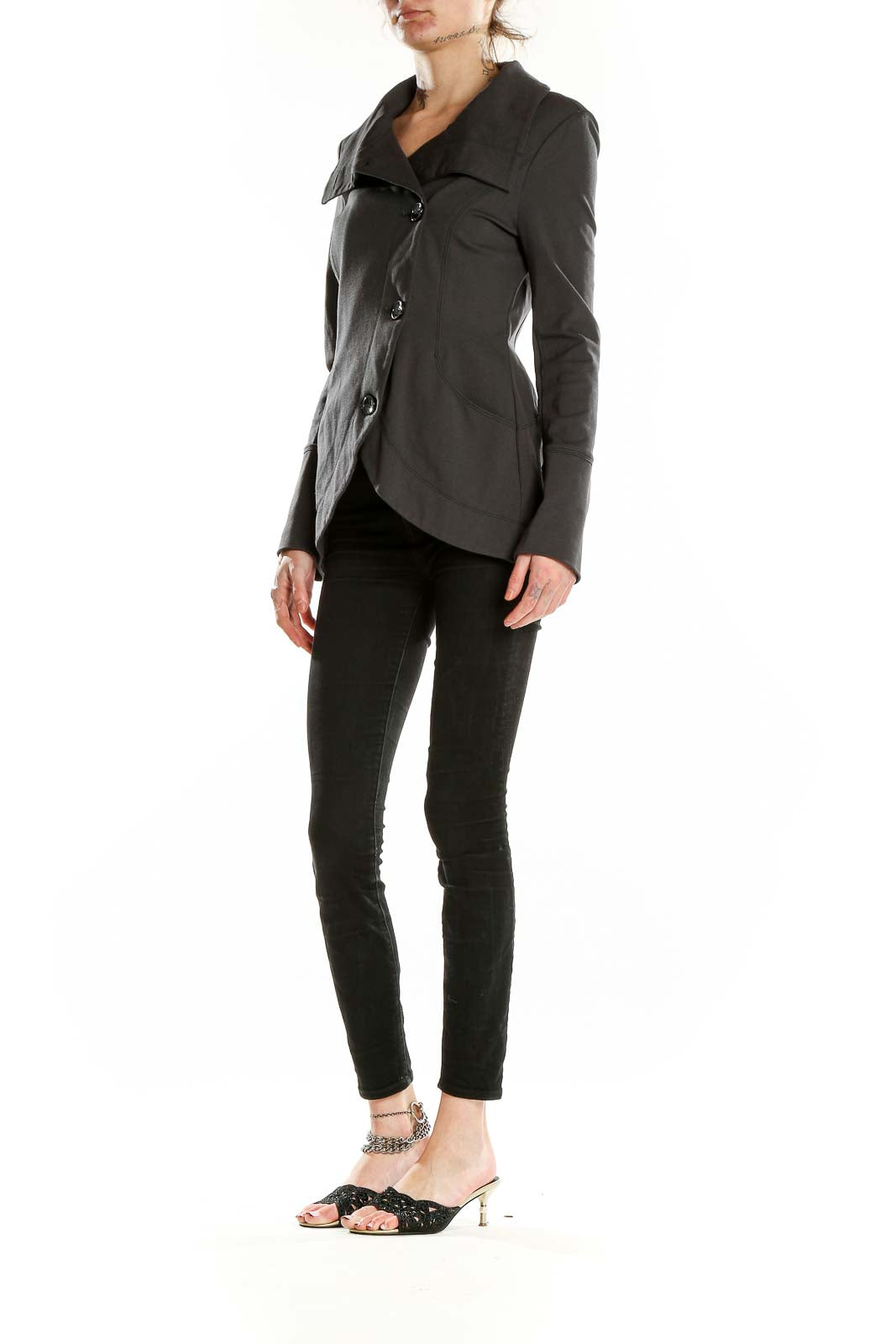 Front view of Gray Asymmetrical Button-Front Coat from White House Black Market