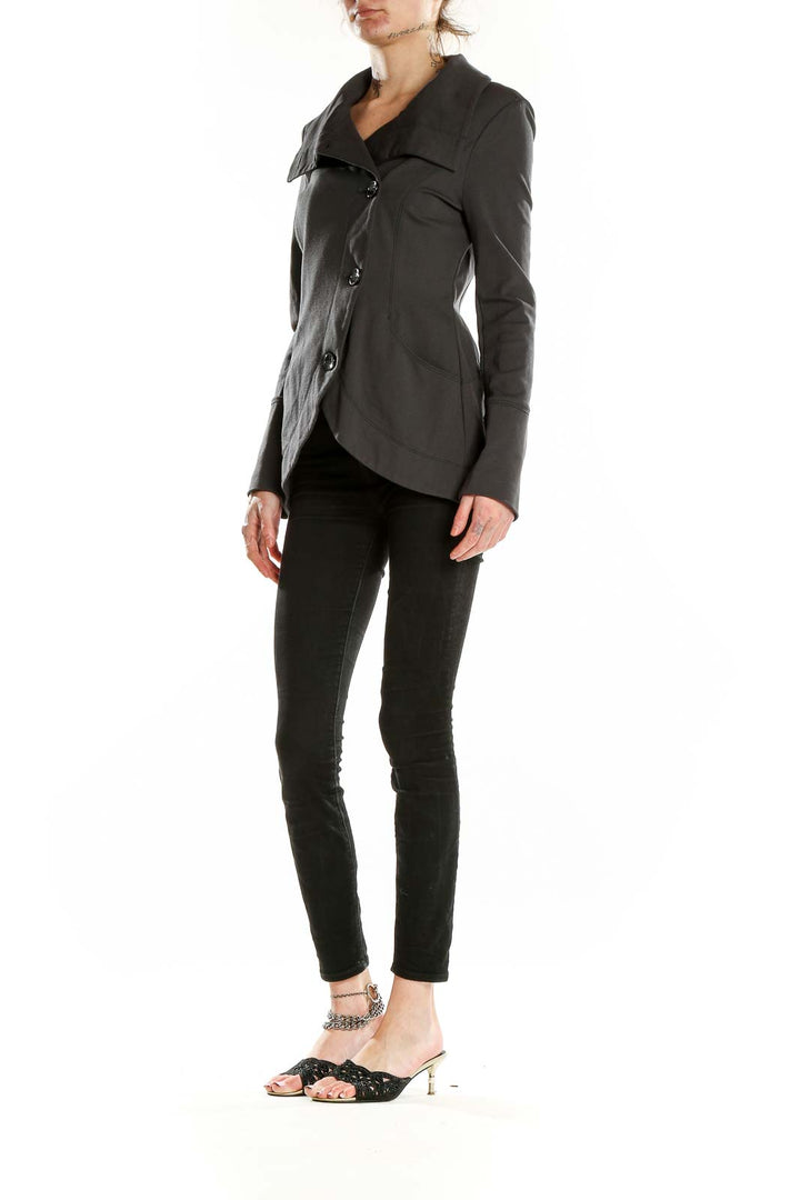 Front view of Gray Asymmetrical Button-Front Coat from White House Black Market