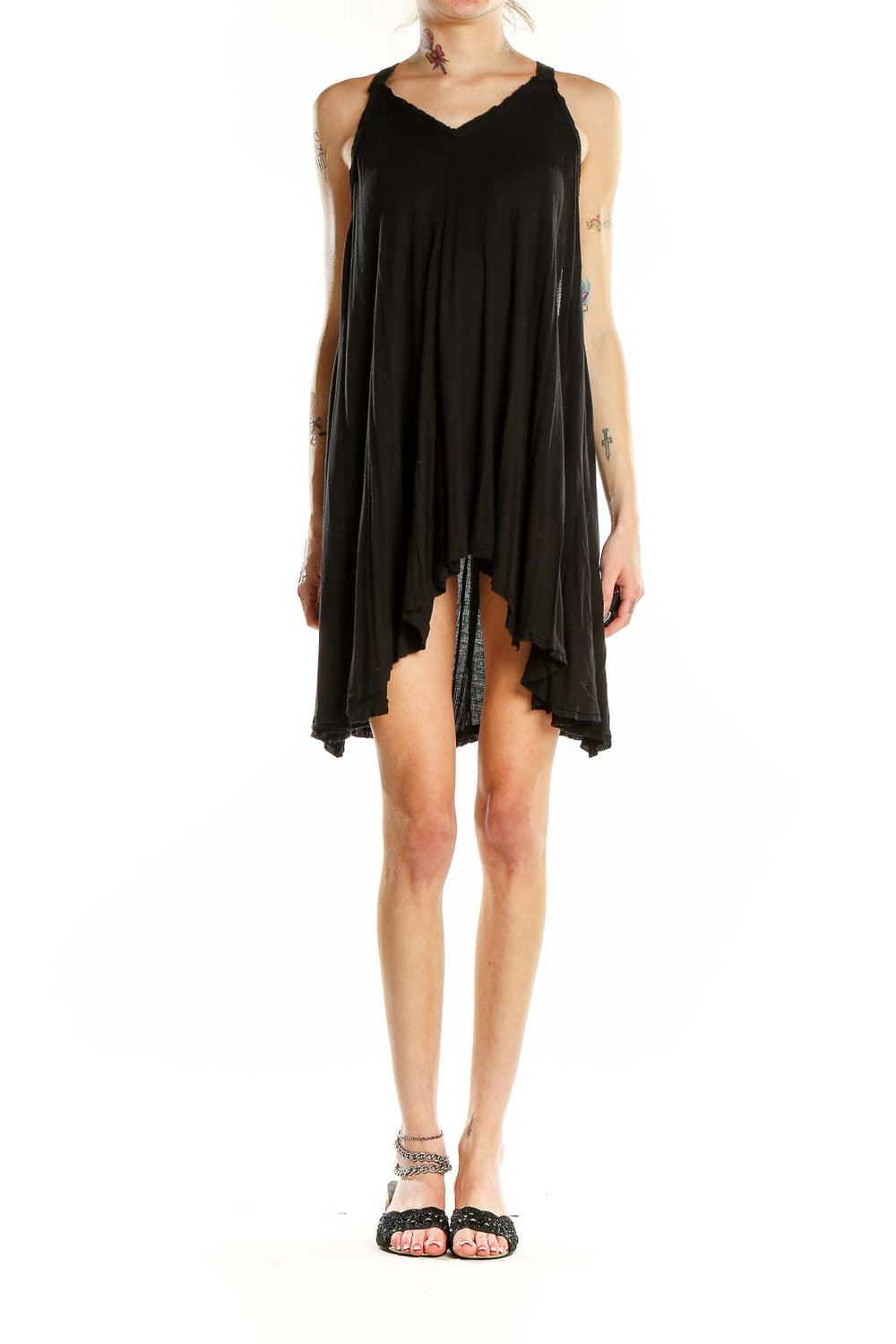 Front view of black flowy Ecote mini dress with V-neckline
