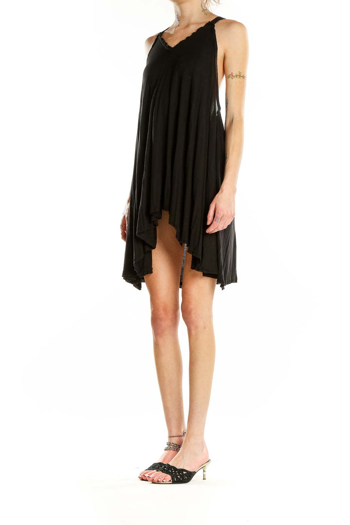Front view of black flowy Ecote mini dress with V-neckline