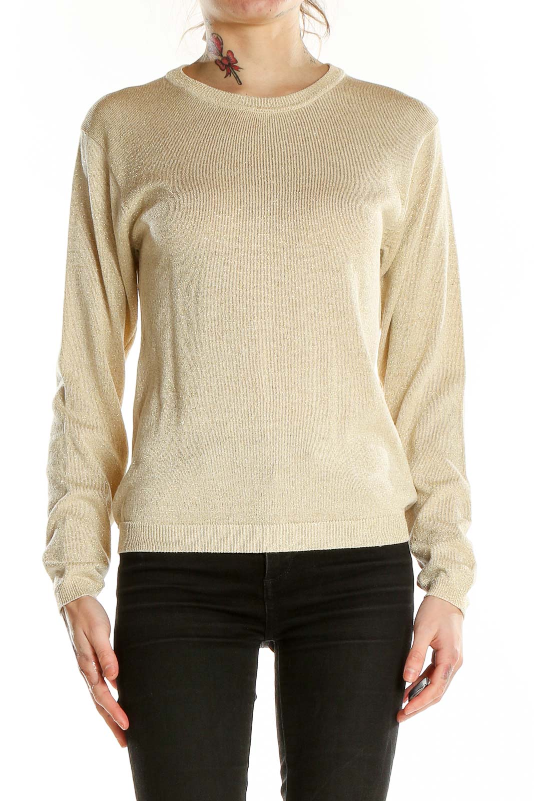 Front view of JOSEPH A. beige metallic silk knit sweater