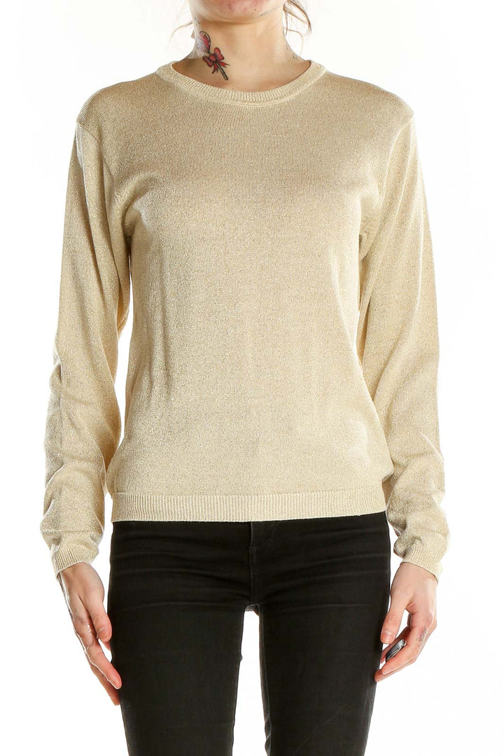 Front view of JOSEPH A. beige metallic silk knit sweater