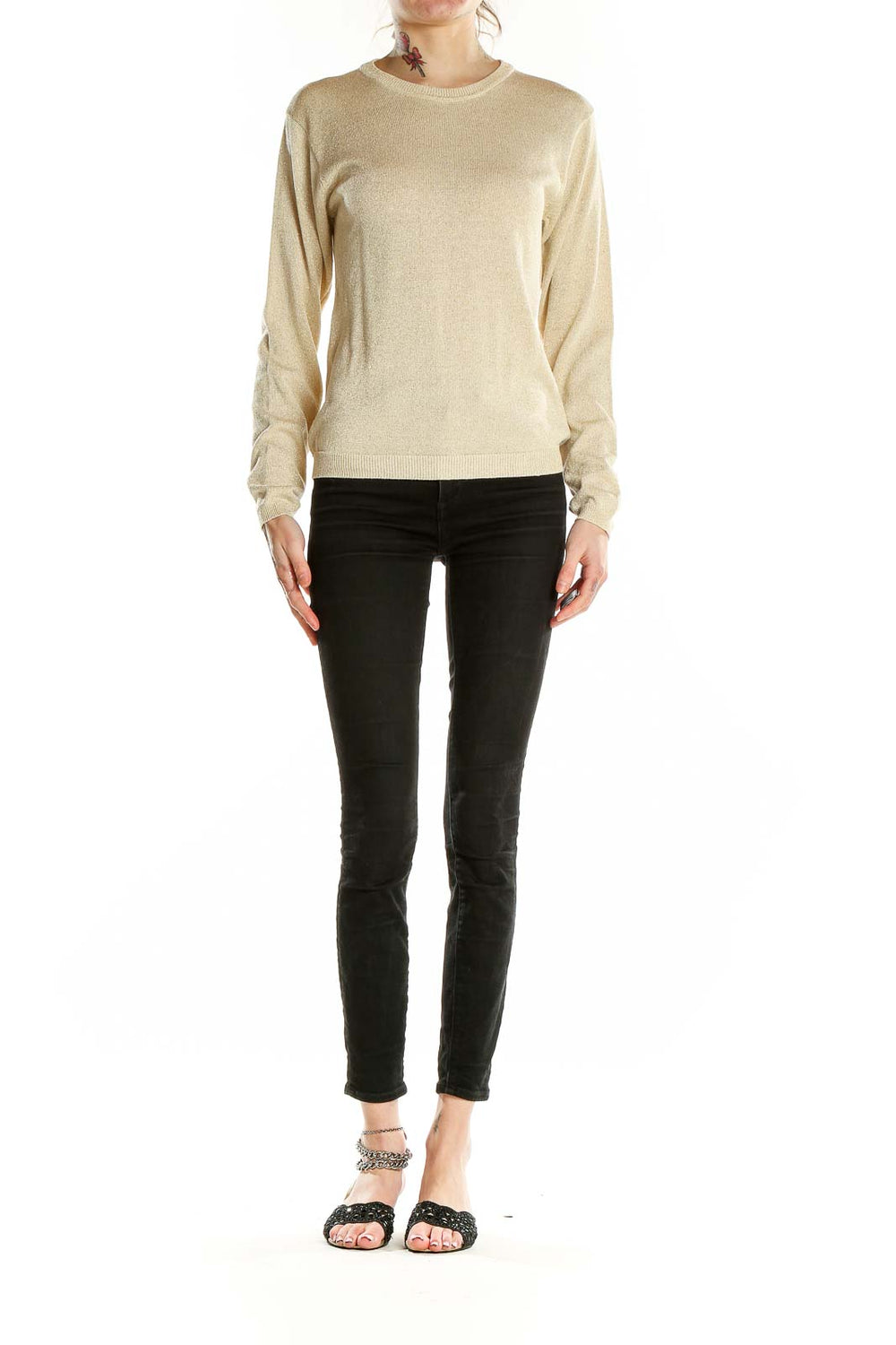 Front view of JOSEPH A. beige metallic silk knit sweater