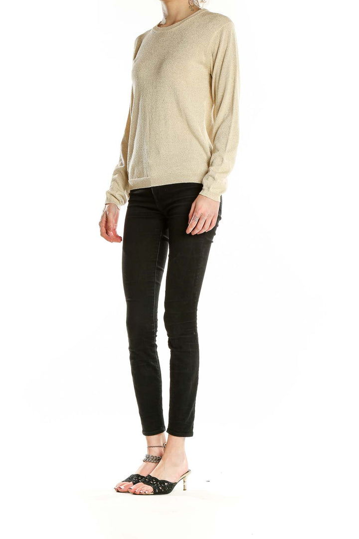 Front view of JOSEPH A. beige metallic silk knit sweater