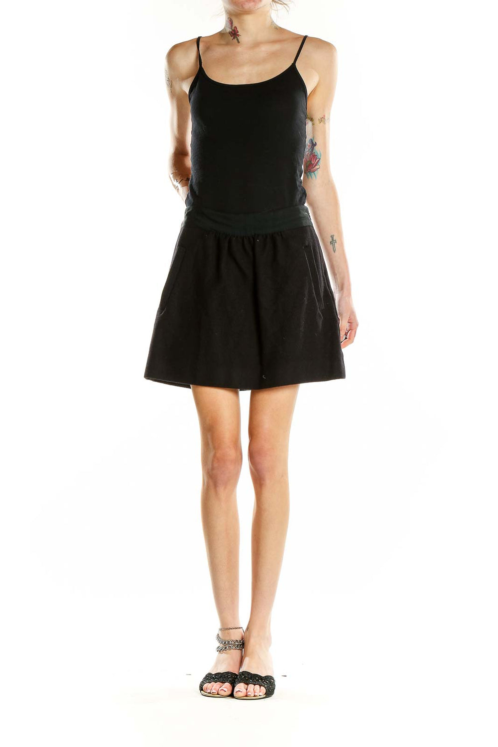 Front view of J.Crew black A-line mini skirt