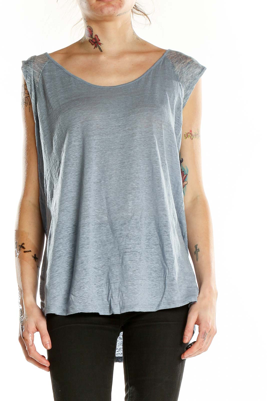 Front view of Cynthia Rowley blue linen sleeveless top