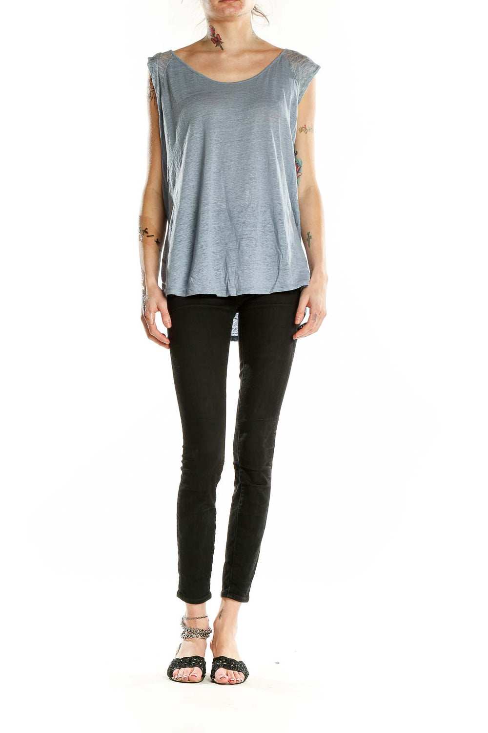 Front view of Cynthia Rowley blue linen sleeveless top