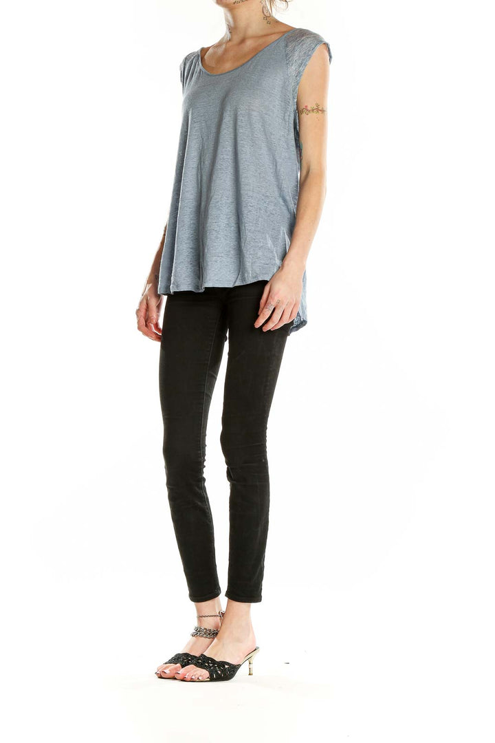Front view of Cynthia Rowley blue linen sleeveless top