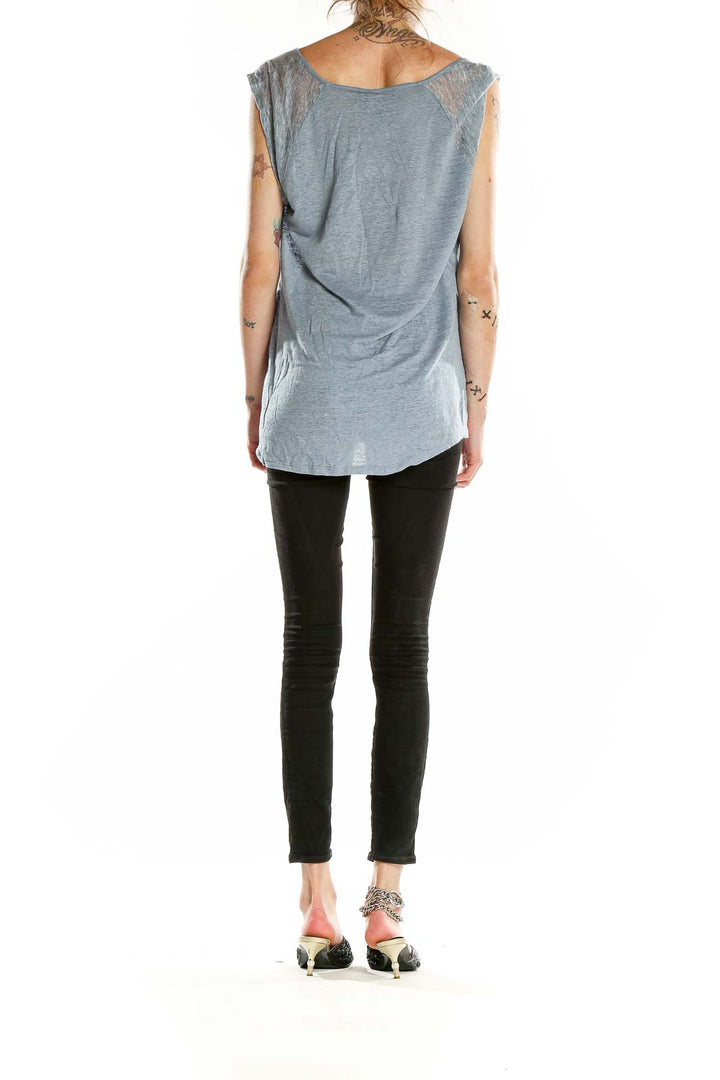 Back view of Cynthia Rowley blue linen sleeveless top