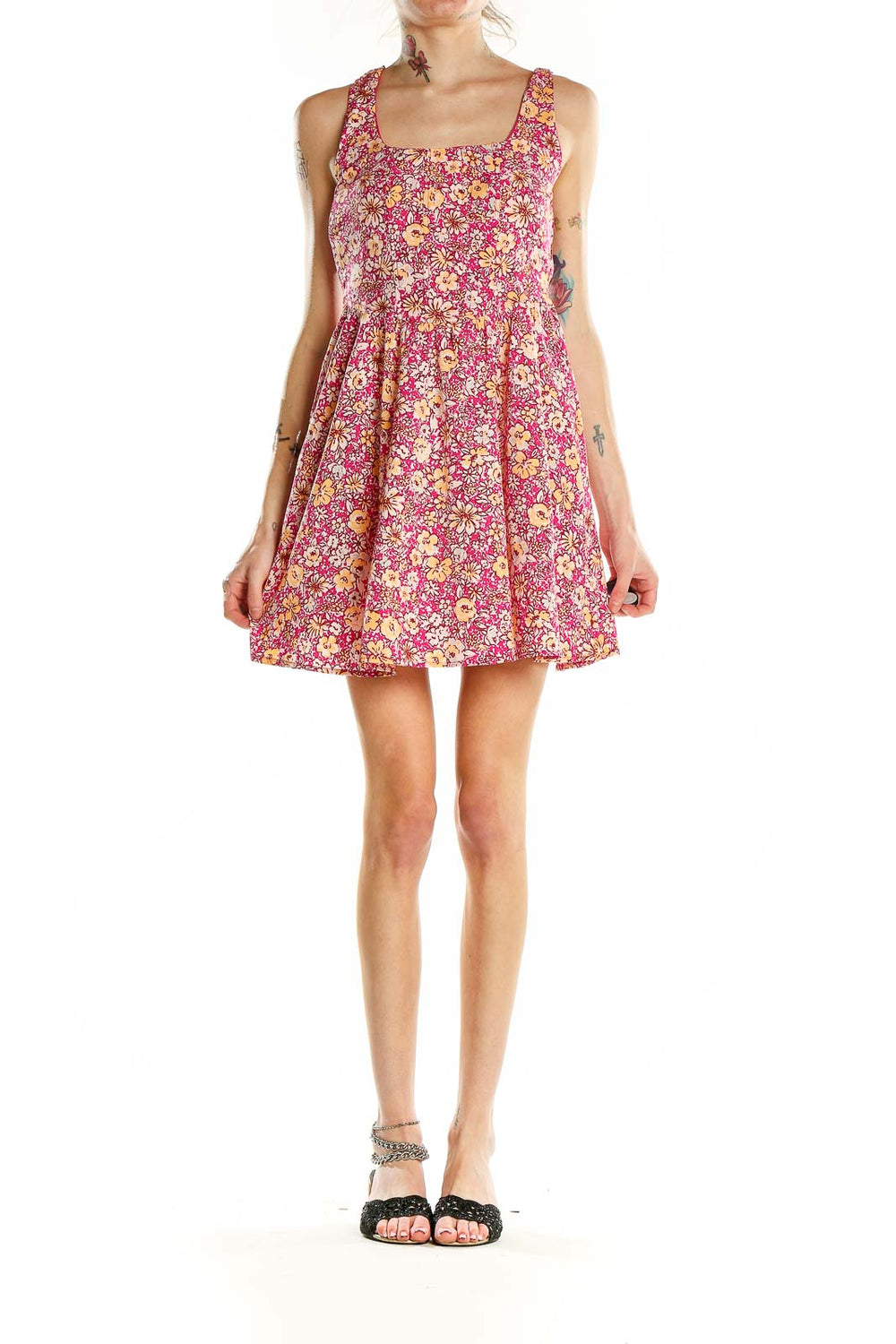 Front view of Band of the Free pink floral mini dress with square neckline