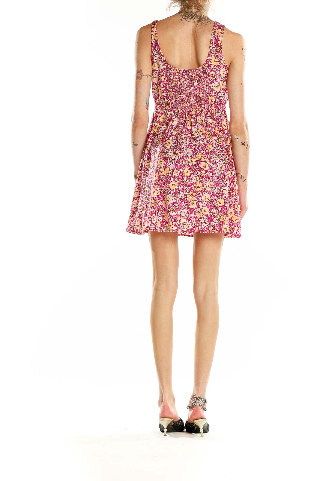 Back view of Band of the Free pink floral mini dress showing A-line silhouette