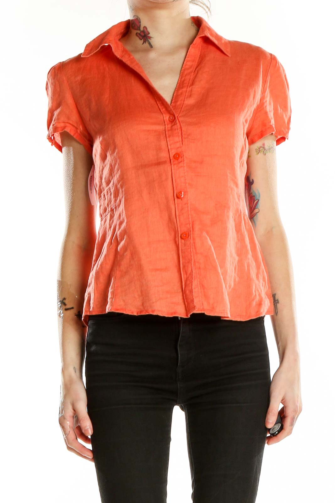 Front view of Rafaella orange linen short-sleeve button-up shirt
