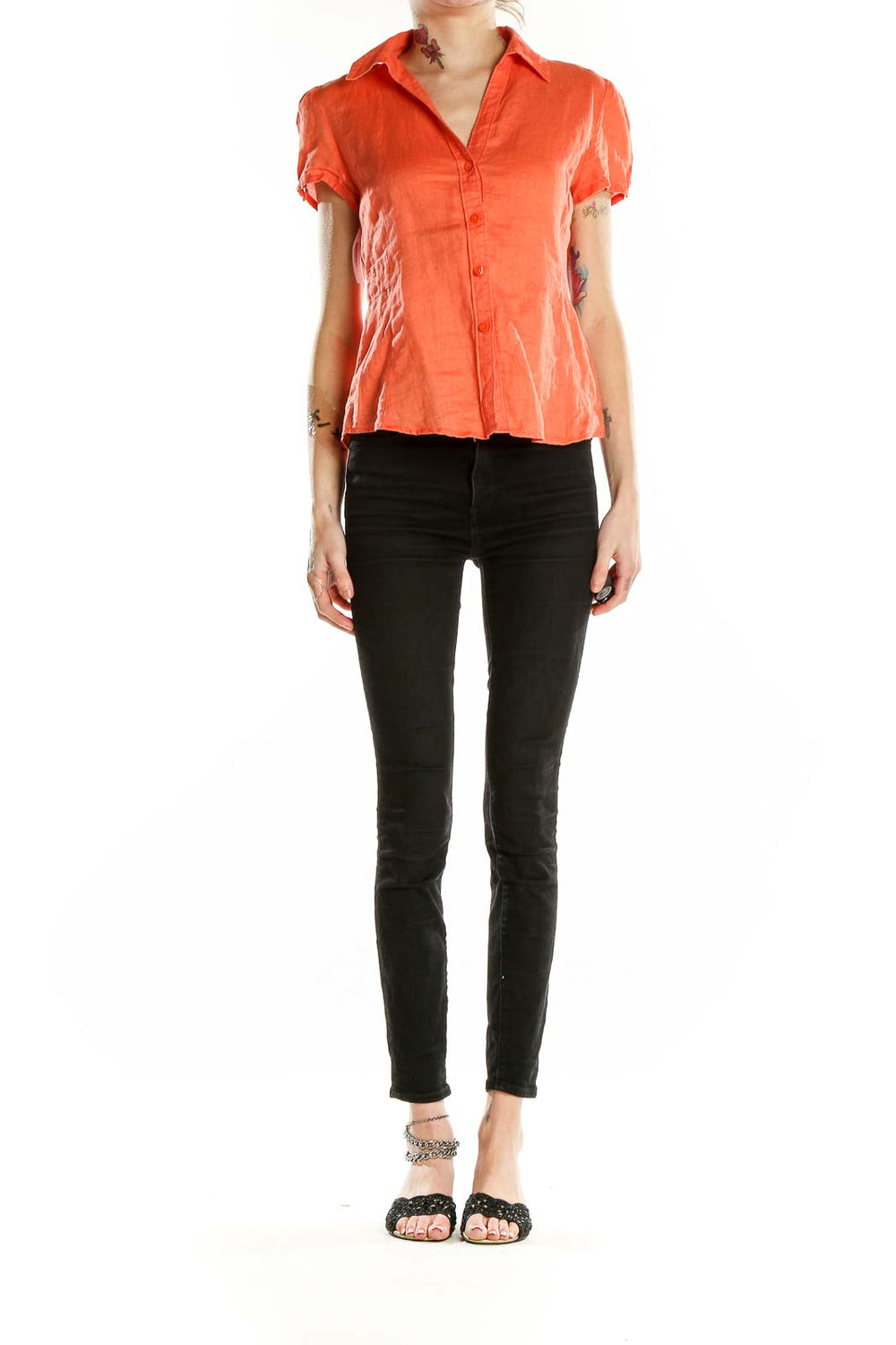 Front view of Rafaella orange linen short-sleeve button-up shirt