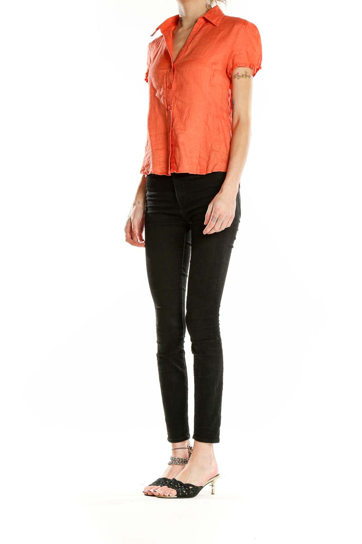 Front view of Rafaella orange linen short-sleeve button-up shirt
