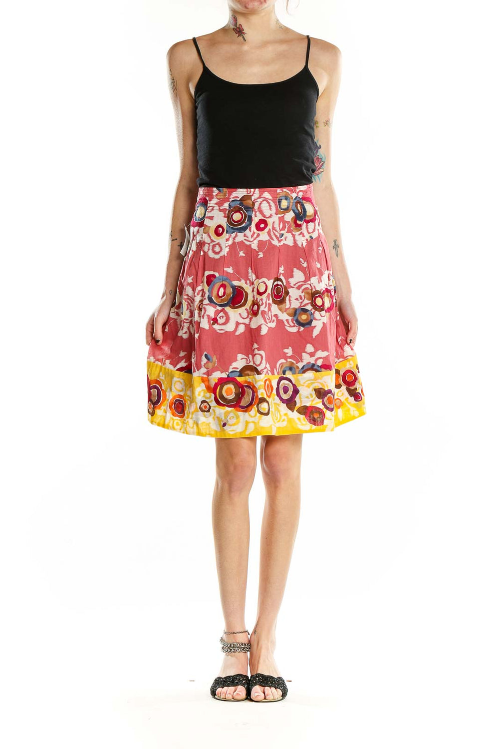 Front view of BCBG MaxAzria pink floral circle print pleated skirt