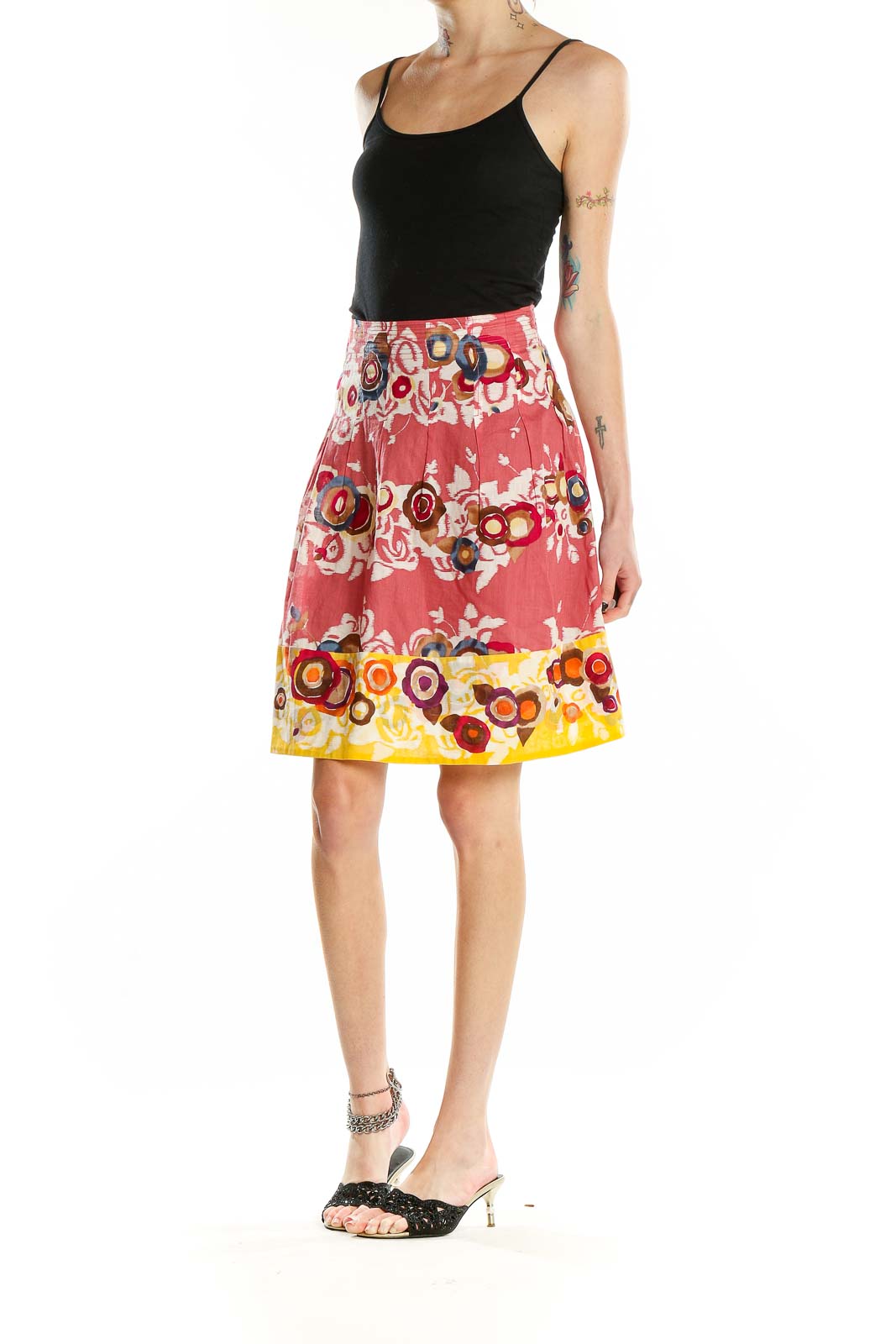 Front view of BCBG MaxAzria pink floral circle print pleated skirt