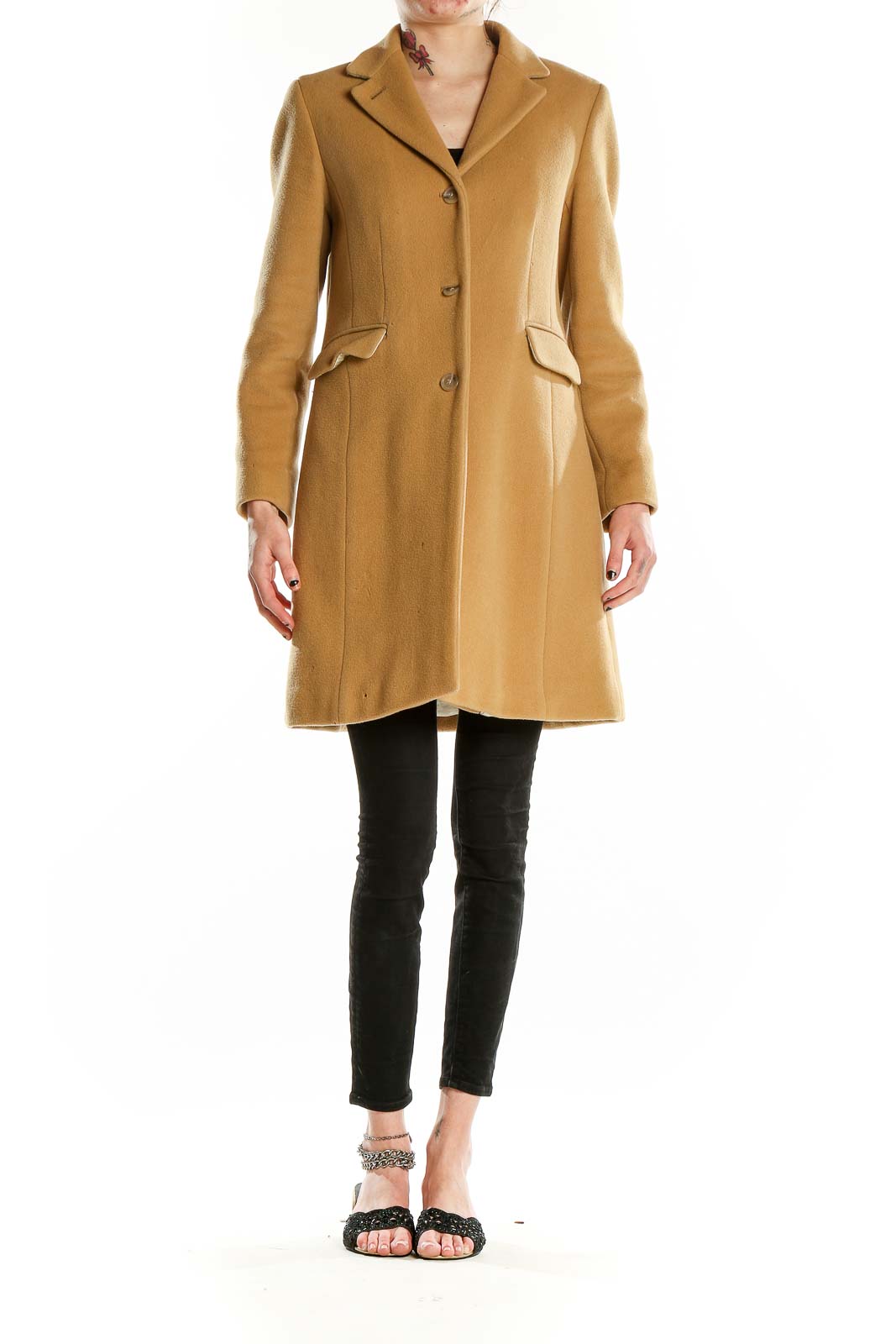Front view of J.Crew camel wool blend coat with notched lapel and button closure